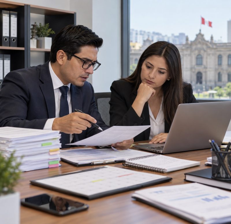 Reunión de trabajo en oficina con bandera peruana